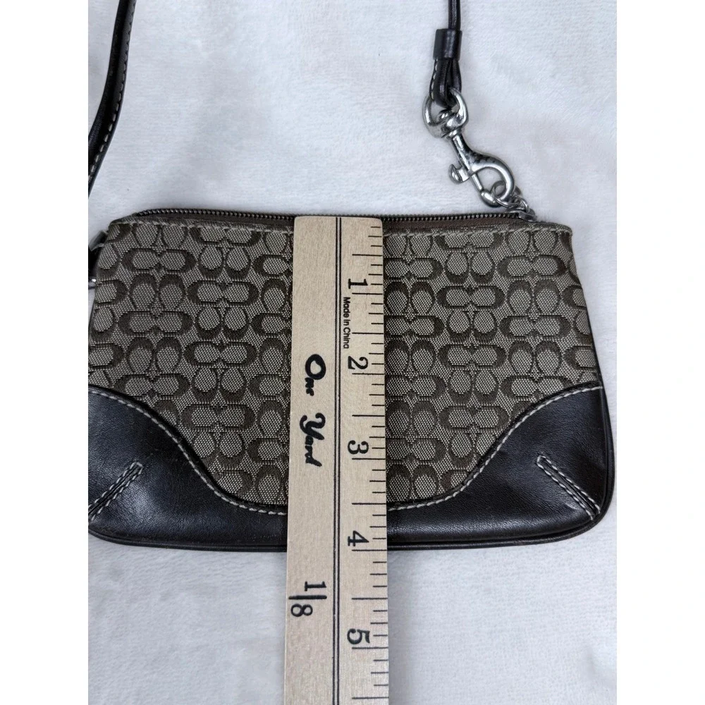 Coach Women Signature Monogram Wristlet Small Brown Black Leather Trim Pouch Bag